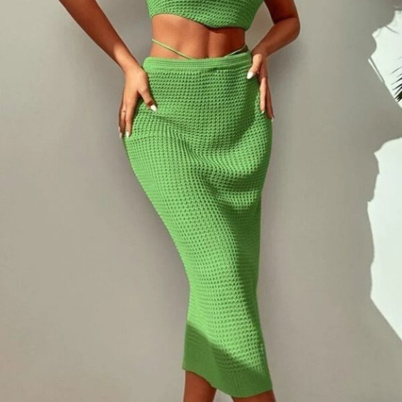 2 piece knit skirt and crop top knit coverup set Green - Picture 12 of 15
